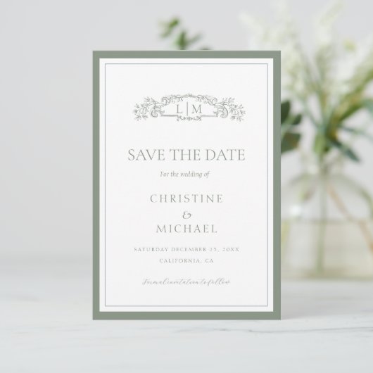 Sage Green botanical crest monogram wedding Save The Date (Staand voorkant)
