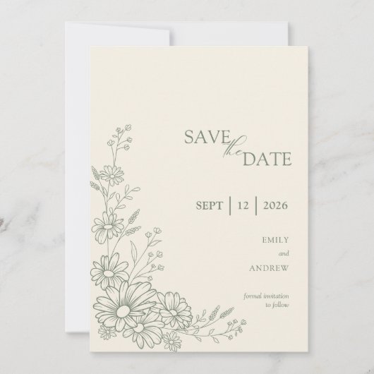 Sage Green Botanical Daisy Garden Wedding Save The Date (Voorkant)