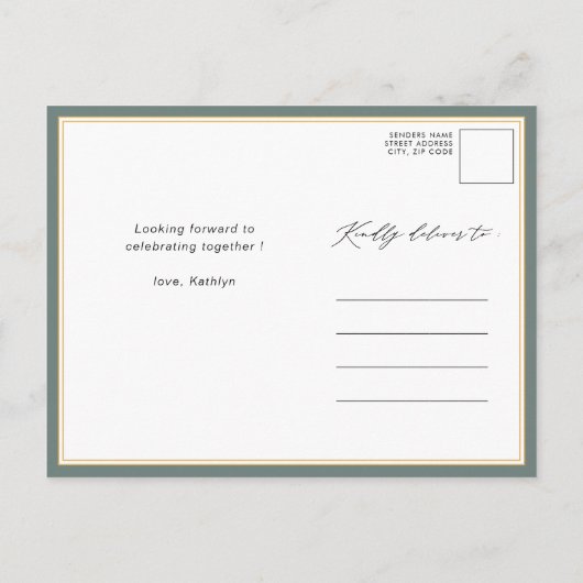 Sage Green Botanical Elegant Script Vrijgezellenfe Uitnodiging Briefkaart (Achterkant)