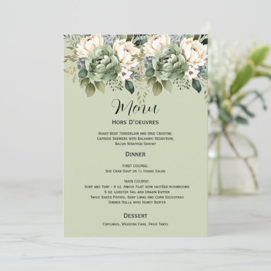 Sage Green Botanical Floral Wedding | Menu Kaart (Staand voorkant)