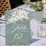Sage Green Botanical Foliage Table Number Kaart<br><div class="desc">De Groene kaart van het lijstaantal van de pagina met elegante kalligrafie en douanenummer. Deze botanische vormgeving heeft een bladerdak van waterverf met een cascadeslag van bladeren in tinten van roomzige palominotarwammond. Elegant, stijlvol design met moderne vormgeving en een zacht natuurlijk kleurenpalet. Blader door mijn winkel - collectie van bladdeksel...</div>