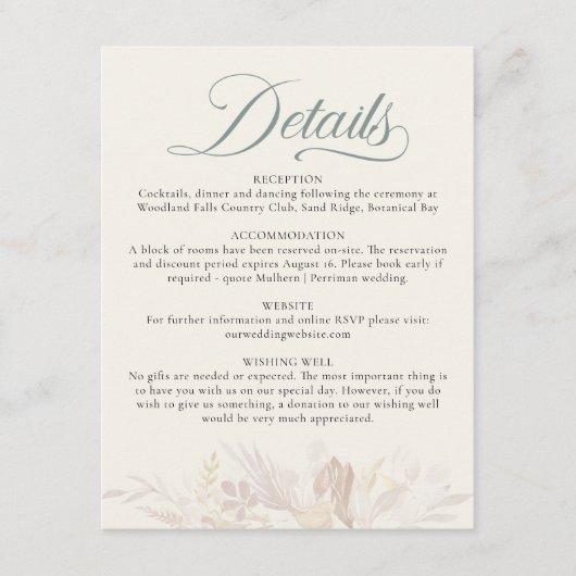 Sage Green Botanical Foliage Weddenschap Details Informatiekaartje (Voorkant)