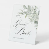 Sage Green Botanical Guest Book Wedding Table Reclamebord Met Voetstuk (Voorkant)