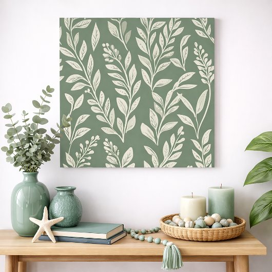Sage Green Botanical Leaf Pattern Wall Art Poster