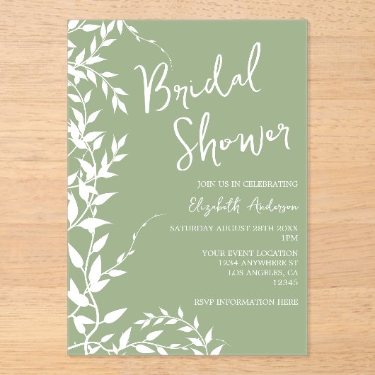 Sage Green Botanical Leaves Vrijgezellenfeest Acryl Uitnodigingen (Voorkant)