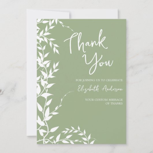 Sage Green Botanical Leaves Vrijgezellenfeest Bedankkaart (Voorkant)