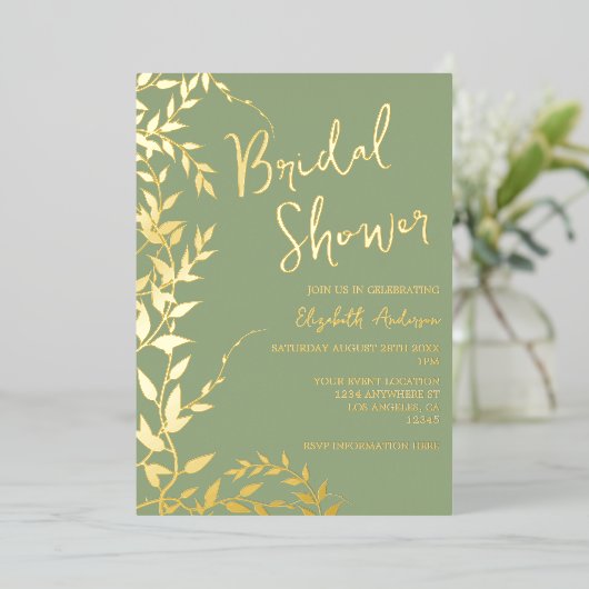 Sage Green Botanical Leaves Vrijgezellenfeest Folie Uitnodiging (Staand Voorkant)