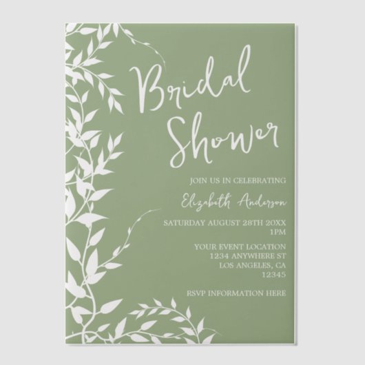 Sage Green Botanical Leaves Vrijgezellenfeest Vellum Uitnodigingen (Voorkant)