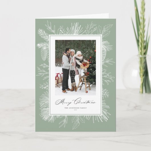 Sage Green Botanical Lijst Foto Kerst Feestdagen Kaart (Voorkant)