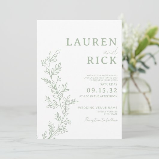 Sage Green Botanical Line Art Greenery Wedding Kaart (Staand voorkant)