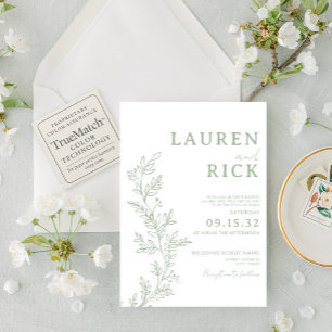 Sage Green Botanical Line Art Greenery Wedding Kaart