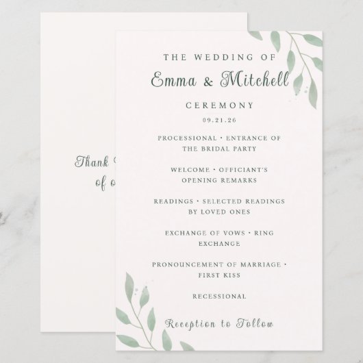 Sage Green Botanical Minimal Wedding Program Card (Voorkant / Achterkant)