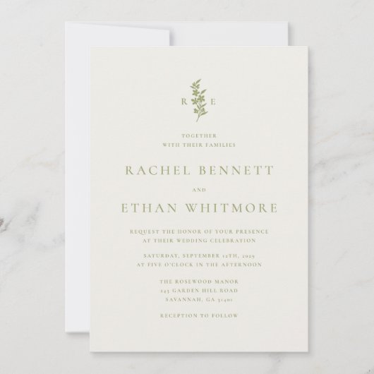 Sage Green Botanical Monogram Wedding Invitation Aankondiging (Voorkant)