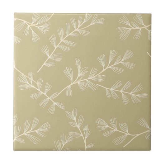 Sage Green Botanical Pattern Cream Hand Drawn Leaf Tegeltje (Voorkant)