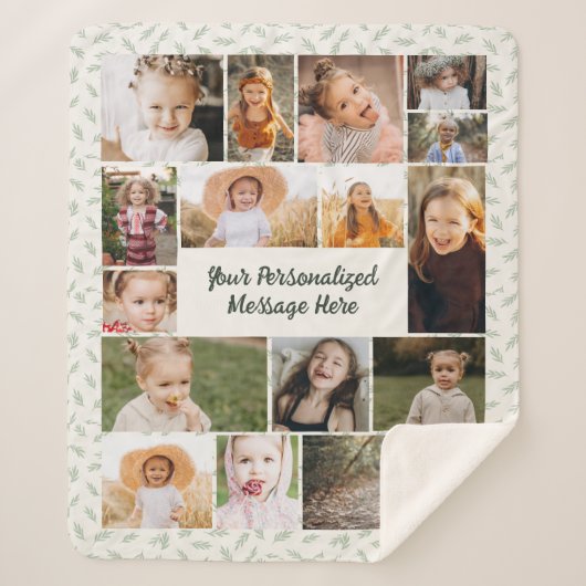 Sage Green Botanical Personalized 16 Photo Collage Sherpa Deken (Voorkant)