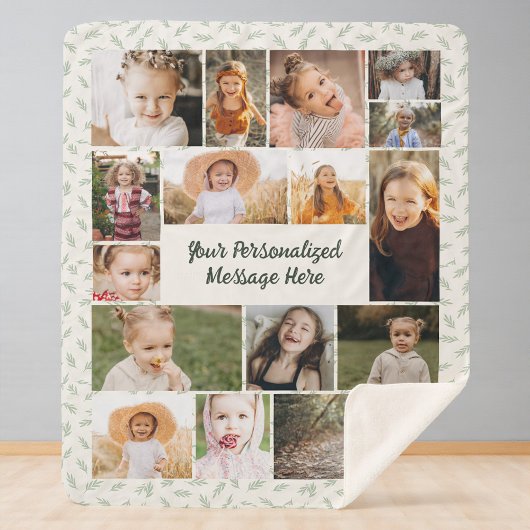 Sage Green Botanical Personalized 16 Photo Collage Sherpa Deken