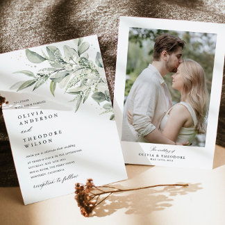 Sage Green Botanical Photo Back Wedding Kaart