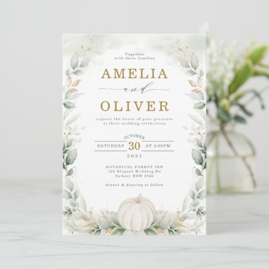 Sage Green Botanical Pumpkin Eucalyptus Weddenscha Kaart (Staand voorkant)