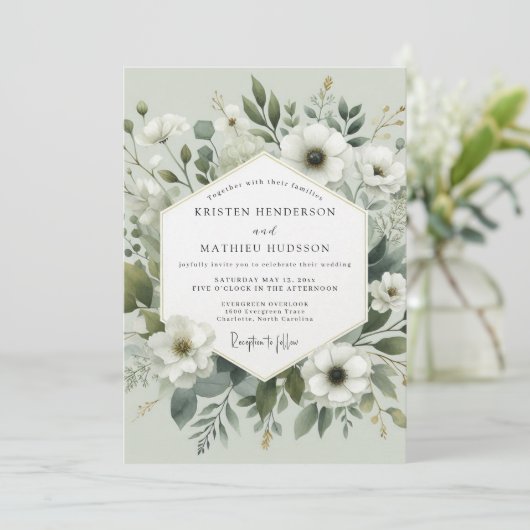 Sage Green Botanical Romance Wedding Kaart (Staand voorkant)