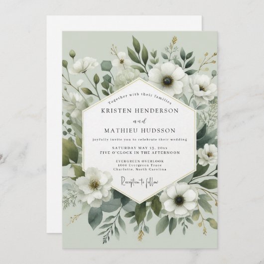 Sage Green Botanical Romance Wedding Kaart (Voorkant / Achterkant)