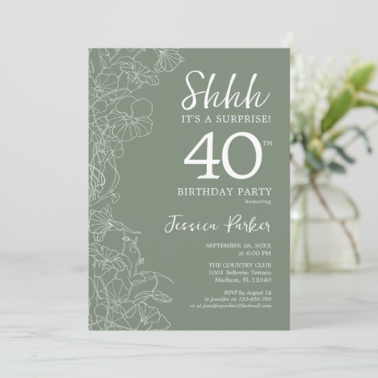 Sage Green Botanical Surprise 40th Birthday Kaart (Staand voorkant)