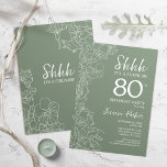 Sage Green Botanical Surprise 80th Birthday Kaart<br><div class="desc">Sage Green Botanical Surprise 80th Birthday Invitation. Het minimalistische moderne feministische ontwerp kenmerkt botanische accenten en typografische manuscriptdoopvont. Eenvoudige bloemige uitnodigingskaart perfect voor een stijlvol vrouw verrassingsfeest.</div>