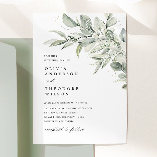 Sage Green Botanical Watercolor Elegant Wedding Kaart