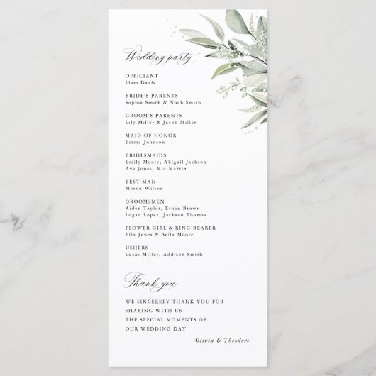 Sage Green Botanical Watercolor Wedding Ceremony Programmakaart (Achterkant)