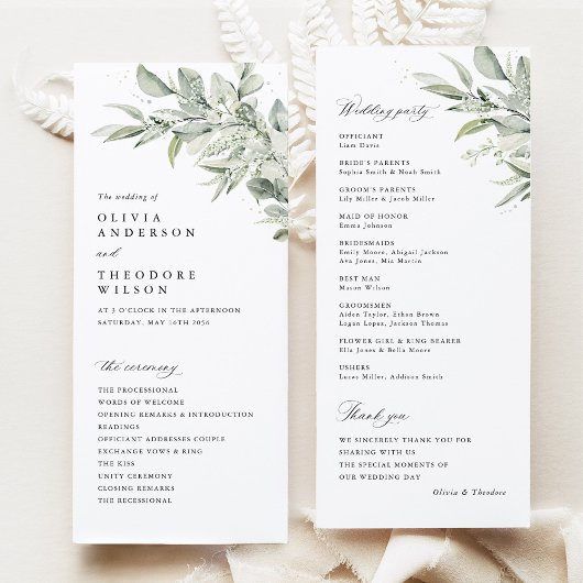 Sage Green Botanical Watercolor Wedding Ceremony Programmakaart