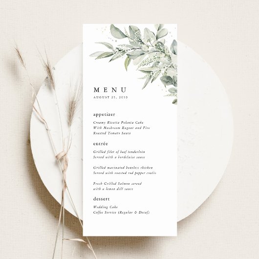 Sage Green Botanical Watercolor Wedding Dinner Menu