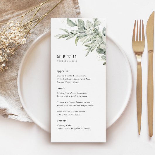 Sage Green Botanical Watercolor Wedding Dinner Menu