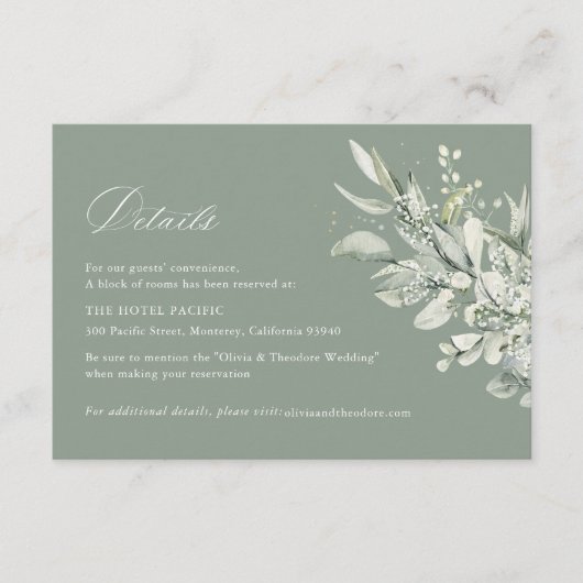 Sage Green Botanical Wedding Accommodation Informatiekaartje (Voorkant)