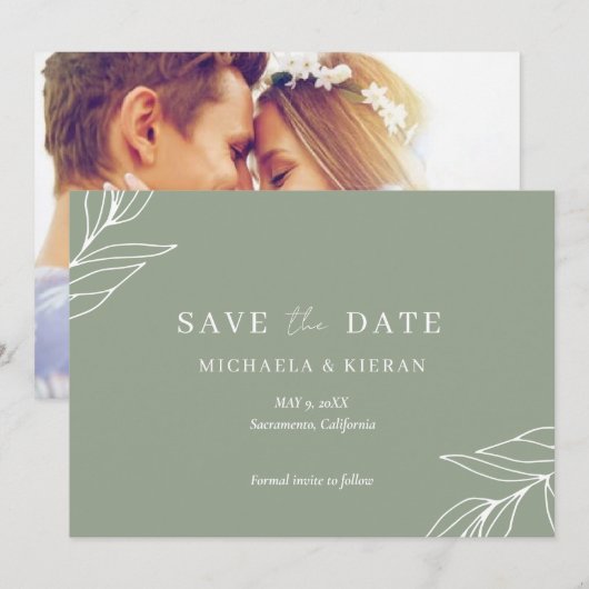 Sage Green Botanical Wedding Foto Save The Date (Voorkant / Achterkant)