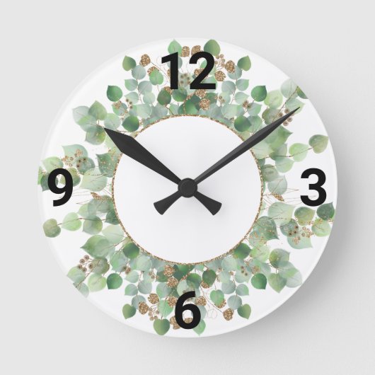 Sage Green Botanical White Gold WALL CLOCK Ronde Klok (Voorkant)