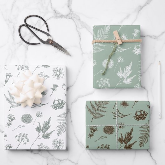 Sage Green Botanical Wrapping Paper Set (Voorkant)