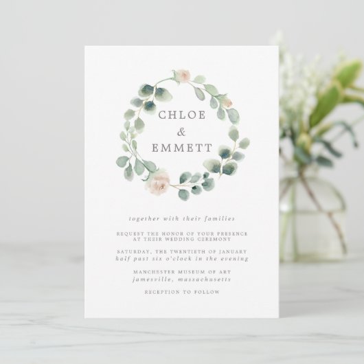 Sage Green Botanical Wreath, White Floral Wedding Kaart (Staand voorkant)