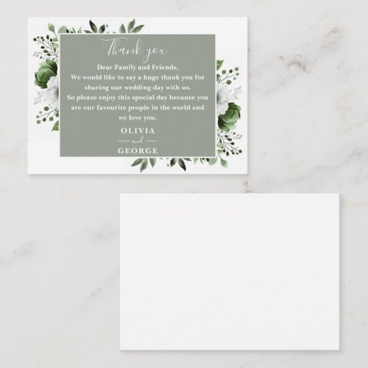 Sage Green Botanische Bloemen Huwelijk Dank u Plaatskaartje (Voorkant / Achterkant)
