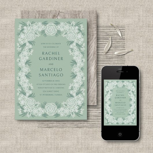 Sage Green Botanische Bloemen Huwelijk Kaart