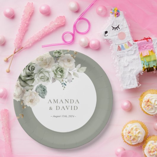 Sage Green Botanische Elegante Huwelijk Papieren Bordje (Feest)