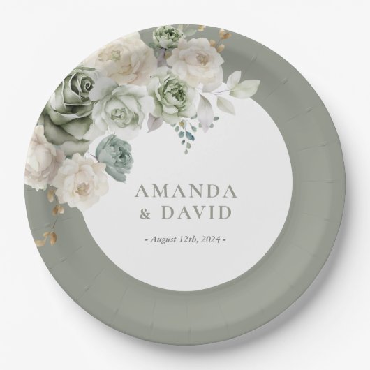 Sage Green Botanische Elegante Huwelijk Papieren Bordje (Voorkant)