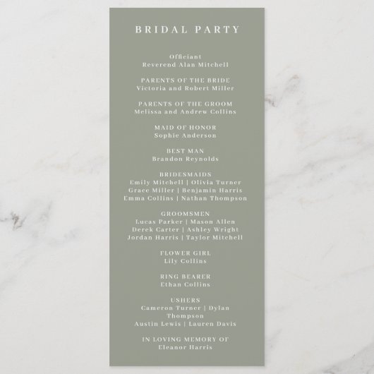 Sage Green Botanische Elegante Huwelijksceremonie Programmakaart (Achterkant)