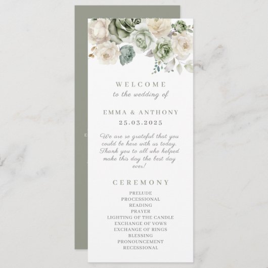 Sage Green Botanische Elegante Huwelijksceremonie Programmakaart (Voorkant / Achterkant)