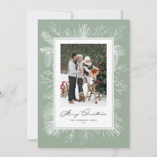 Sage Green  Botanische Kerstfoto Feestdagenkaart (Voorkant)