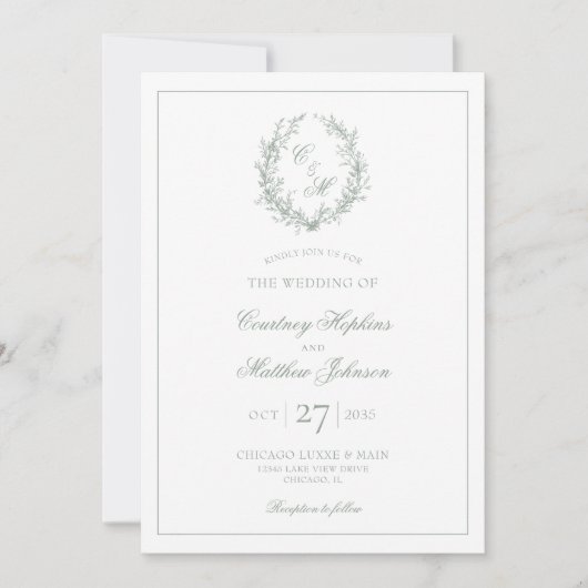 Sage Green Botanische Krans Alles in één bruiloft Kaart (Voorkant)