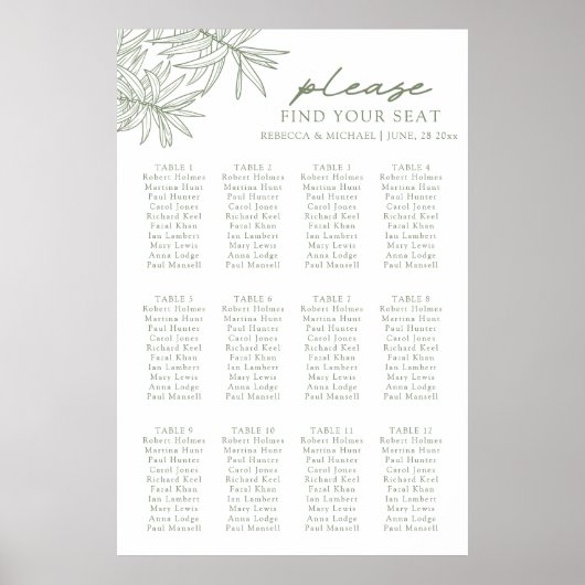 Sage Green Botanische Zitting Chart Poster (Voorkant)