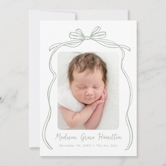 Sage Green Bow 2 Foto Geboorte Aankondiging (Voorkant)