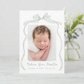  Sage Green Bow 2 Foto Geboorte Aankondiging (Staand voorkant)