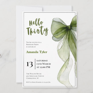 Sage Green Bow 30th Birthday Invitation Kaart