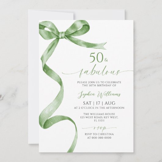 Sage Green Bow 50 & Fabulous Verjaardag Uitnodigin Kaart (Voorkant)