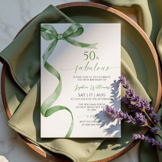 Sage Green Bow 50 & Fabulous Verjaardag Uitnodigin Kaart